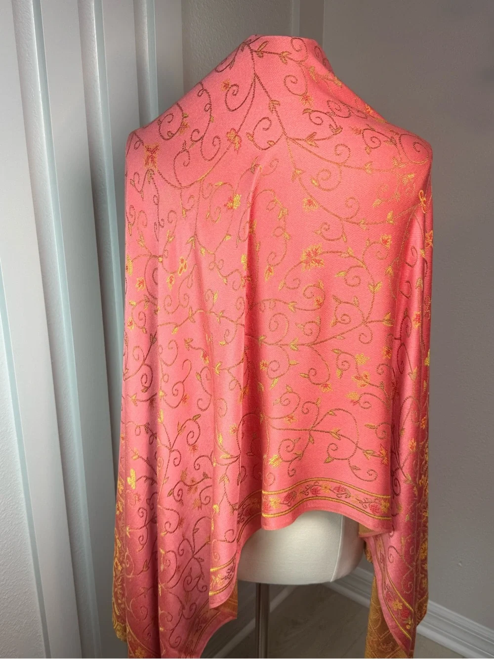 Pashmina Silk Blend Coral Pink Gold Floral Reversible Shawl Wrap Scarf